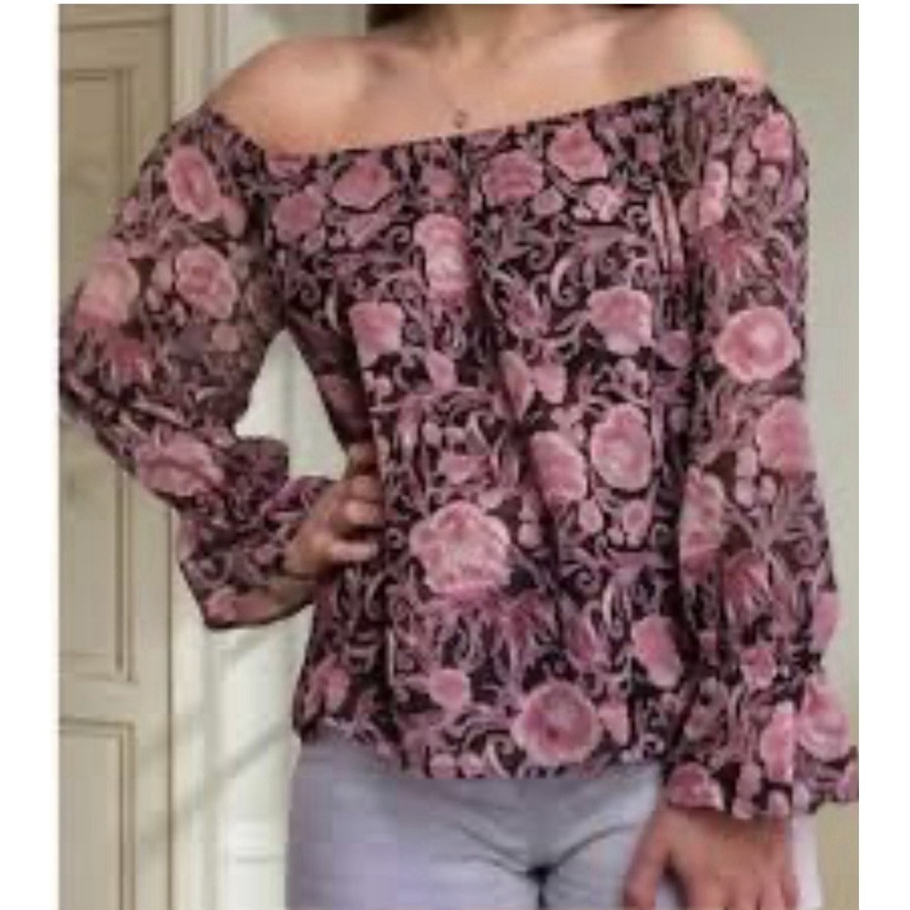 Express Black Pink Floral Print Chiffon Sheer‎ Off the Shoulder Cuffed Top Small